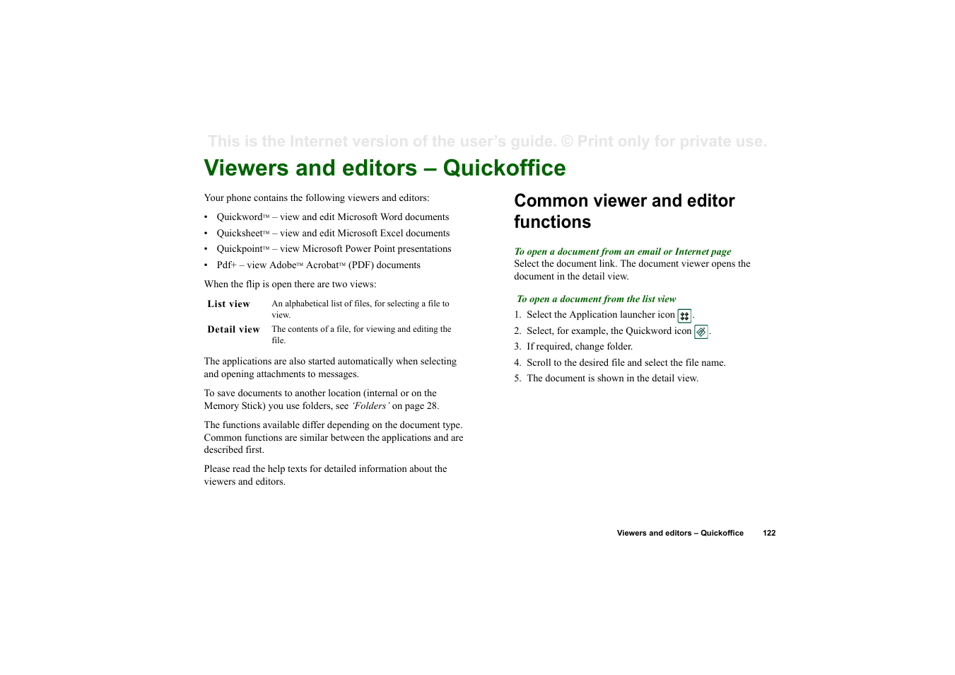 Viewers and editors – quickoffice, Common viewer and editor functions | Sony P910a User Manual | Page 122 / 205