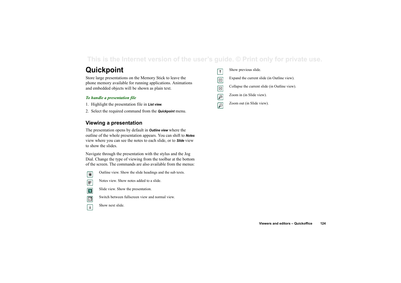Quickpoint, Viewing a presentation | Sony P910a User Manual | Page 124 / 205