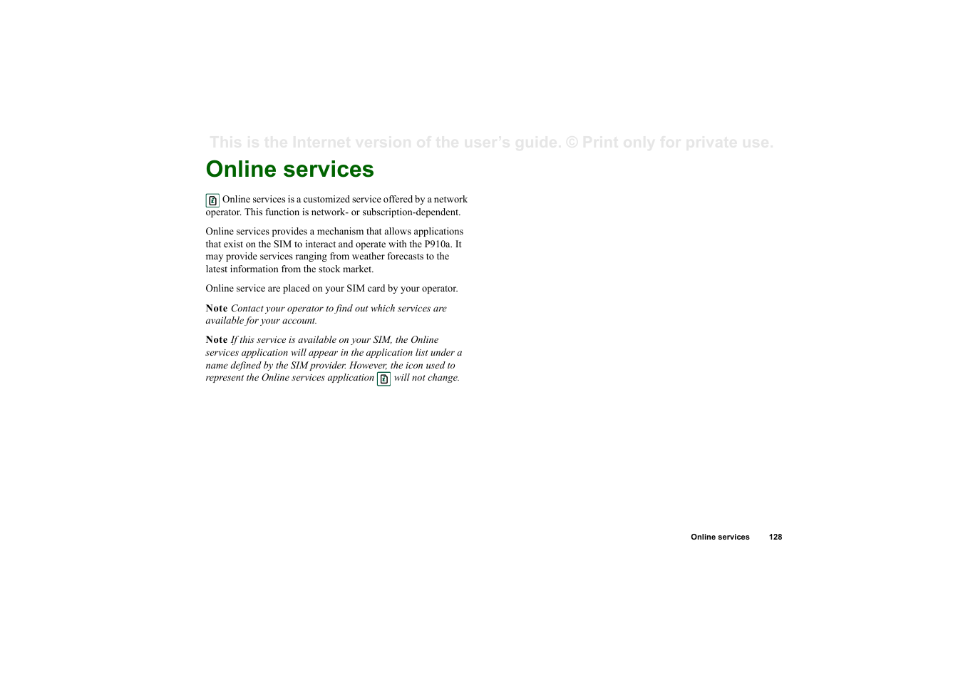 Online services | Sony P910a User Manual | Page 128 / 205