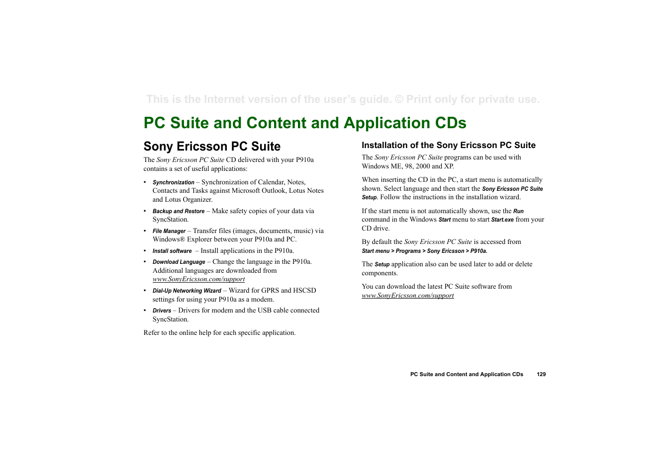 Advanced functions, Pc suite and content and application cds, Sony ericsson pc suite | Installation of the sony ericsson pc suite, Dvanced, Unctions | Sony P910a User Manual | Page 129 / 205