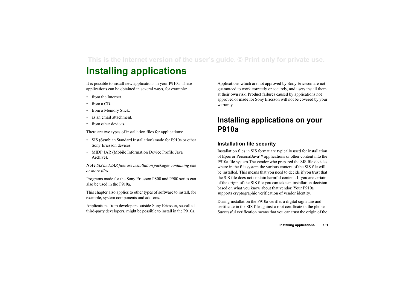 Installing applications, Installing applications on your p910a, Installation file security | Sony P910a User Manual | Page 131 / 205