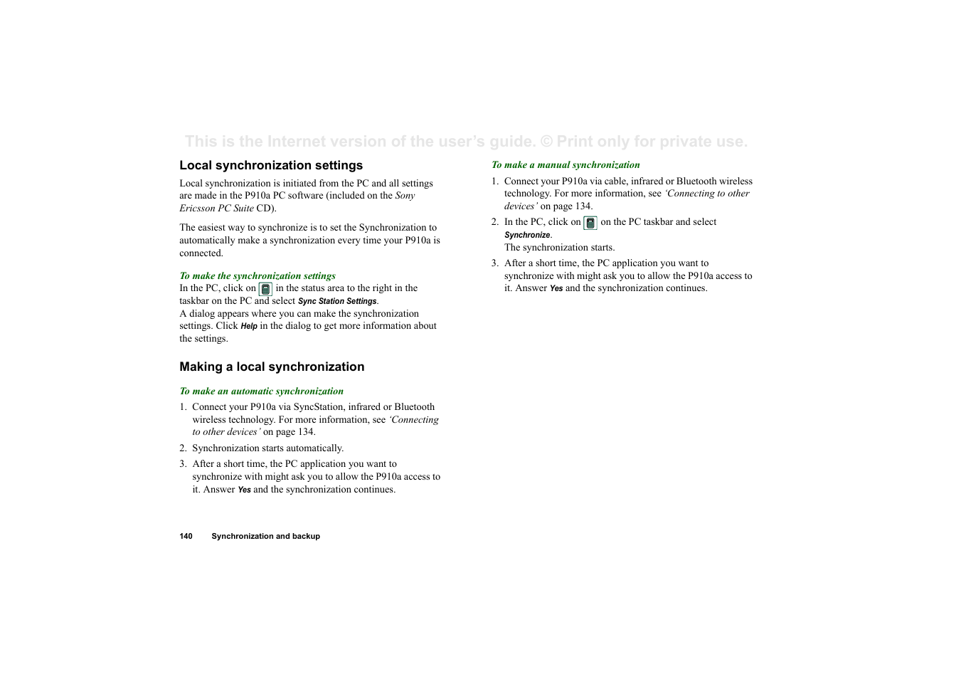 Local synchronization settings, Making a local synchronization | Sony P910a User Manual | Page 140 / 205