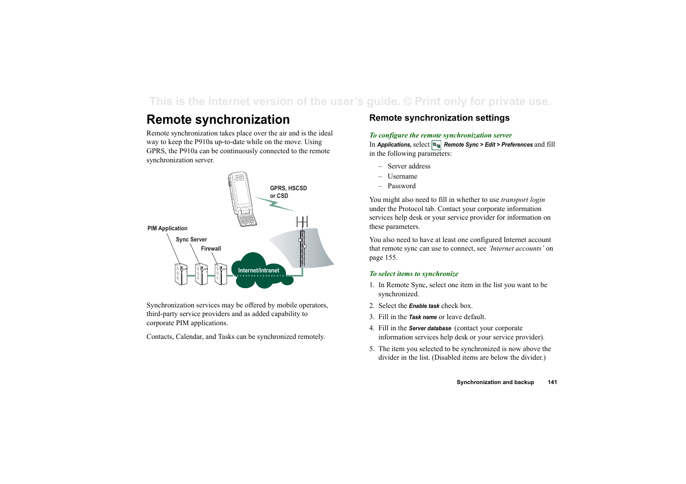 Remote synchronization, Remote synchronization settings | Sony P910a User Manual | Page 141 / 205