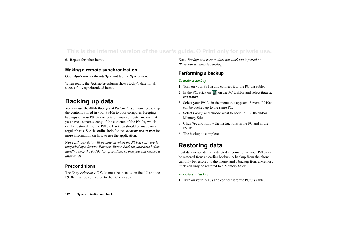 Making a remote synchronization, Backing up data, Preconditions | Performing a backup, Restoring data, Backing up data restoring data | Sony P910a User Manual | Page 142 / 205