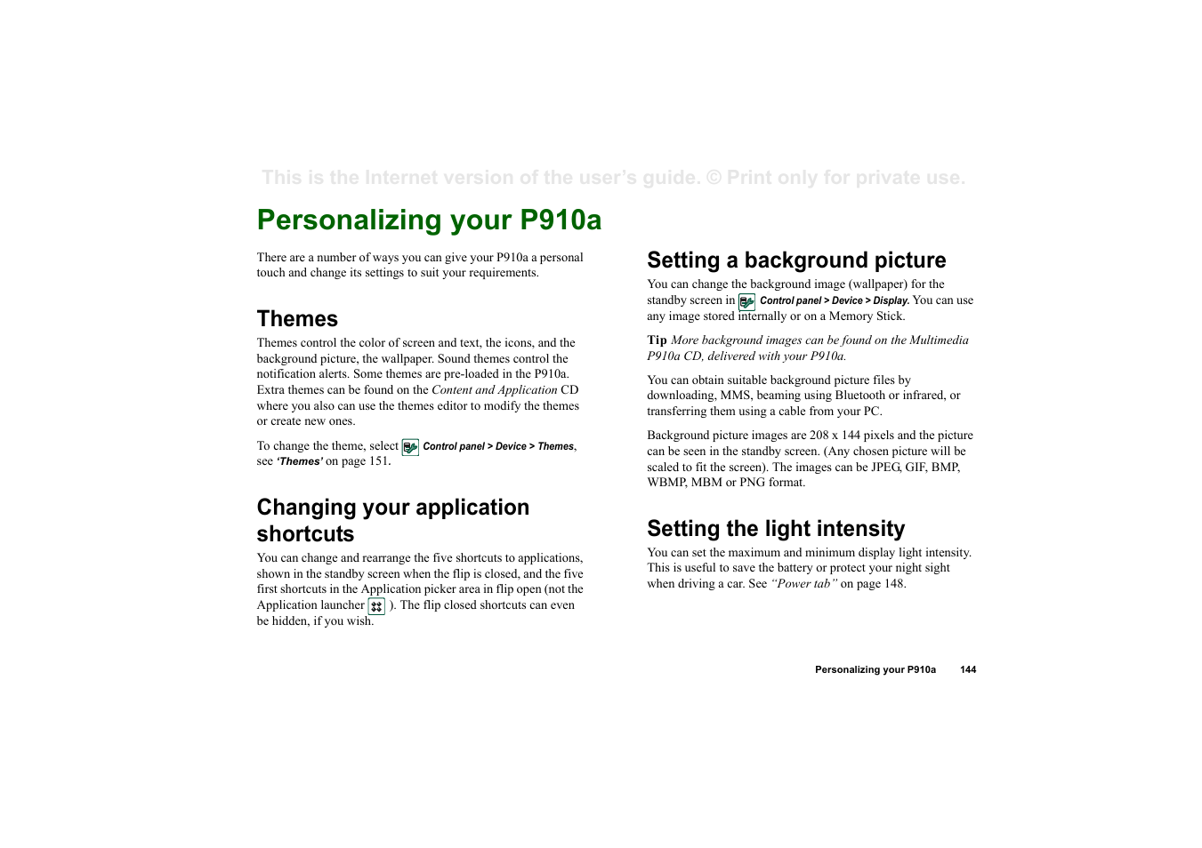 Settings, Personalizing your p910a, Themes | Changing your application shortcuts, Setting a background picture, Setting the light intensity, Ettings | Sony P910a User Manual | Page 144 / 205