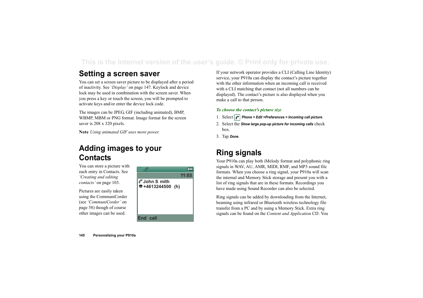 Setting a screen saver, Adding images to your contacts, Ring signals | Sony P910a User Manual | Page 145 / 205