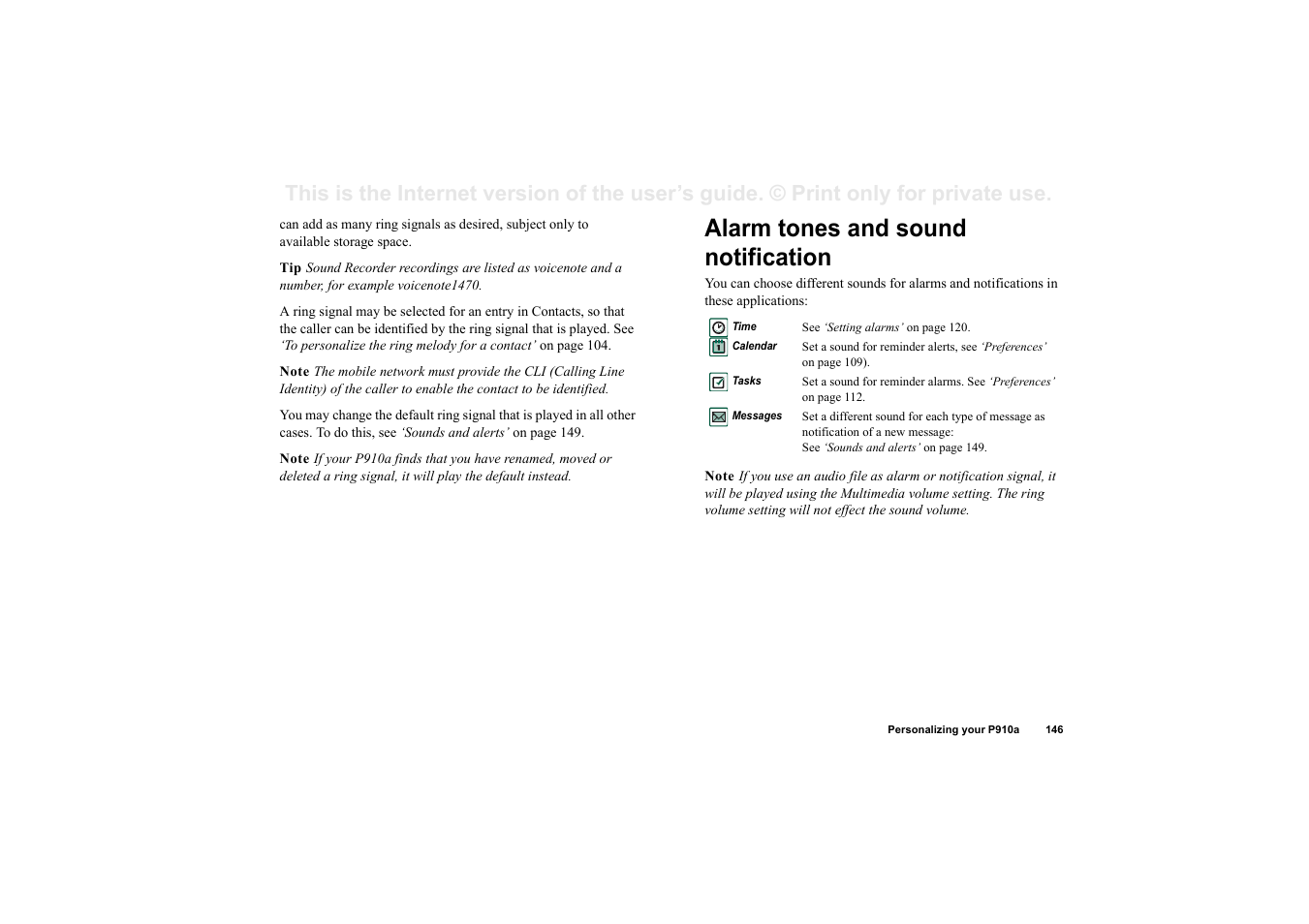 Alarm tones and sound notification | Sony P910a User Manual | Page 146 / 205