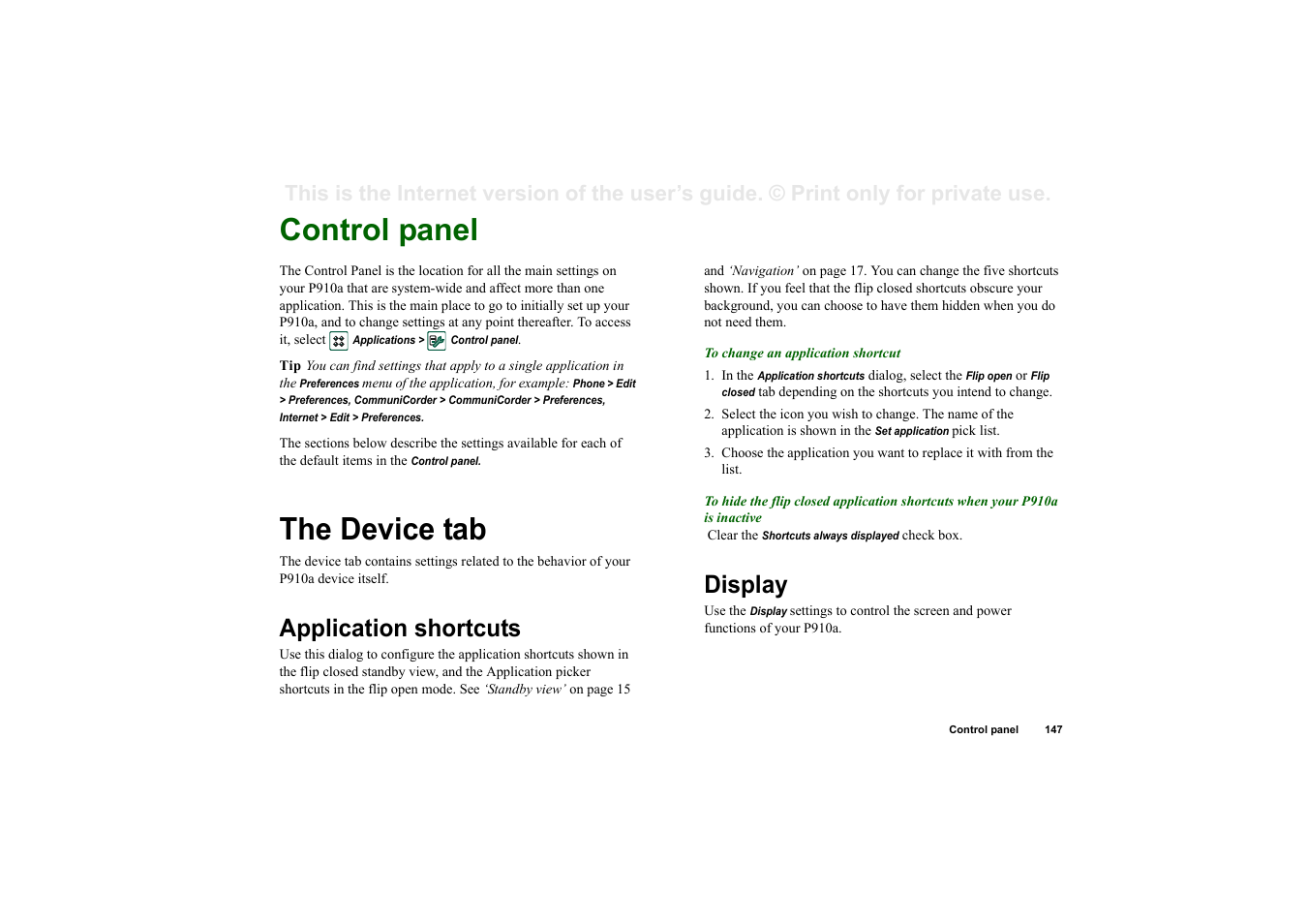 Control panel, Application shortcuts, Display | The device tab application shortcuts display, The device tab | Sony P910a User Manual | Page 147 / 205