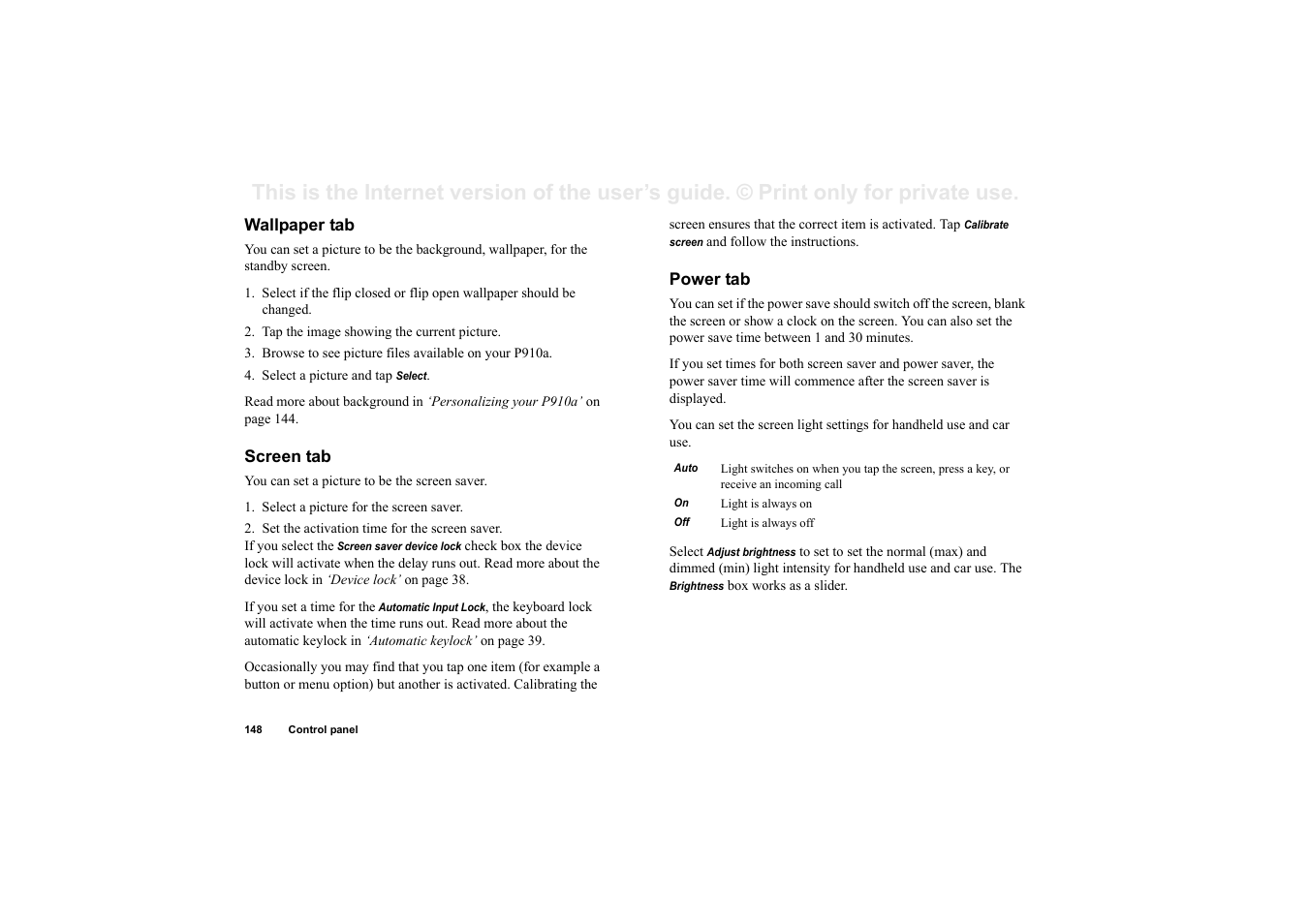 Wallpaper tab, Screen tab, Power tab | Sony P910a User Manual | Page 148 / 205
