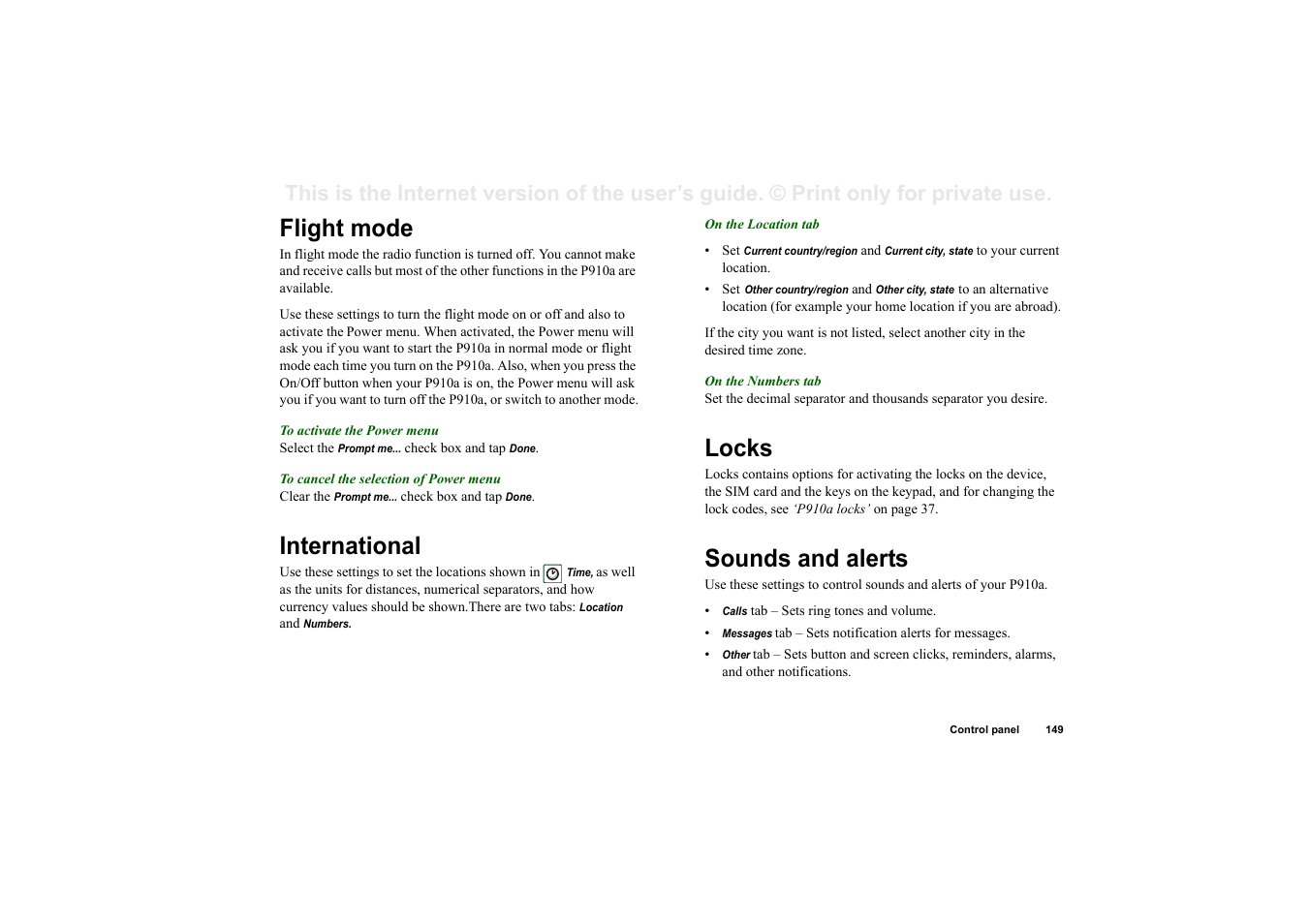 Flight mode, International, Locks | Sounds and alerts, Flight mode international locks sounds and alerts | Sony P910a User Manual | Page 149 / 205