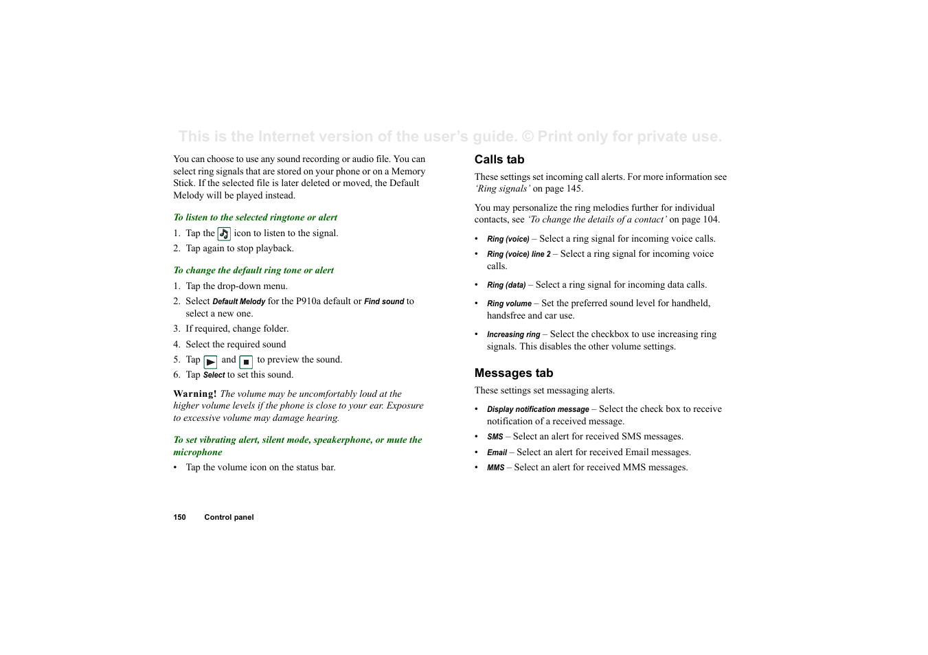 Calls tab, Messages tab | Sony P910a User Manual | Page 150 / 205