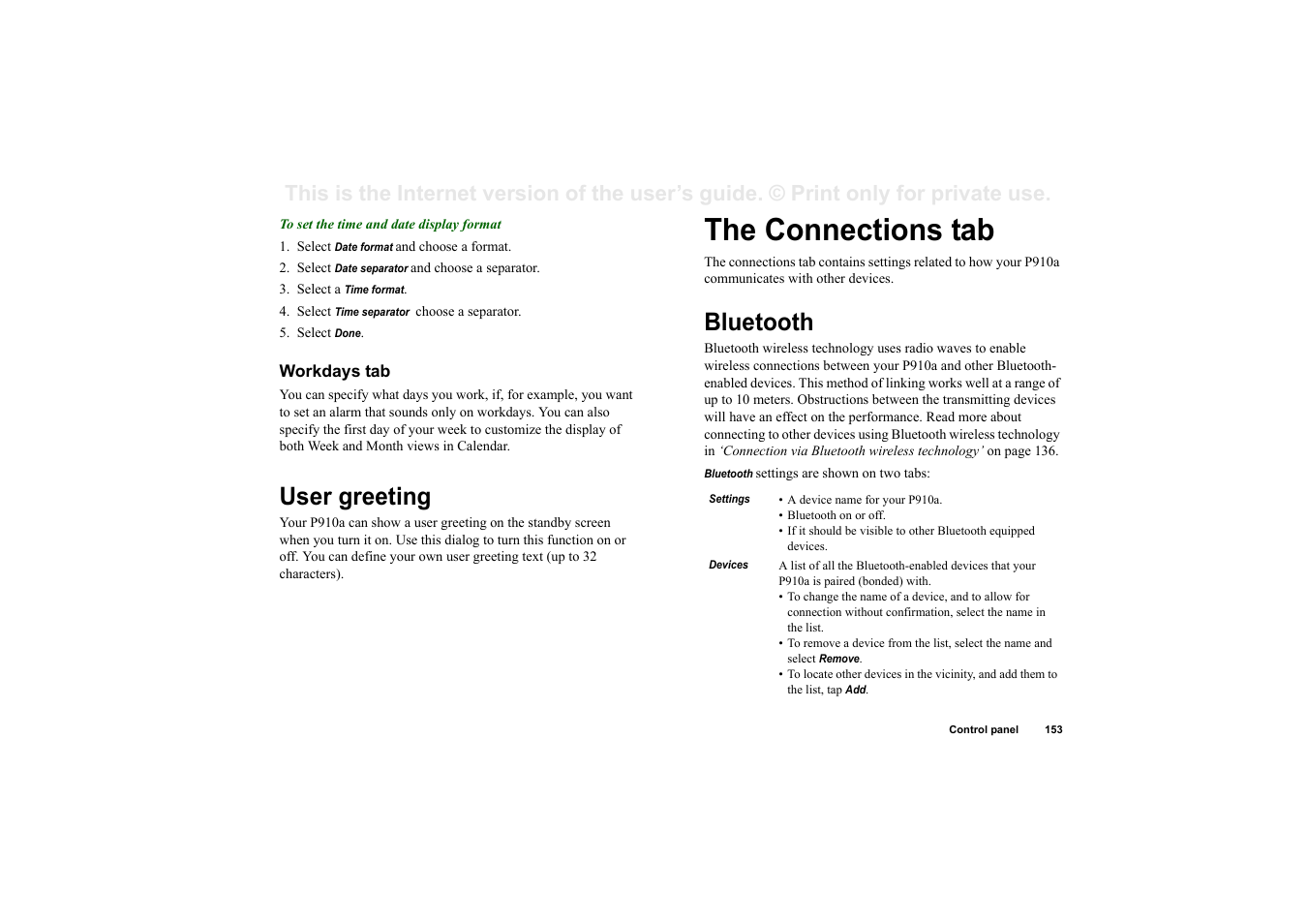 Workdays tab, User greeting, Bluetooth | The connections tab bluetooth, The connections tab | Sony P910a User Manual | Page 153 / 205