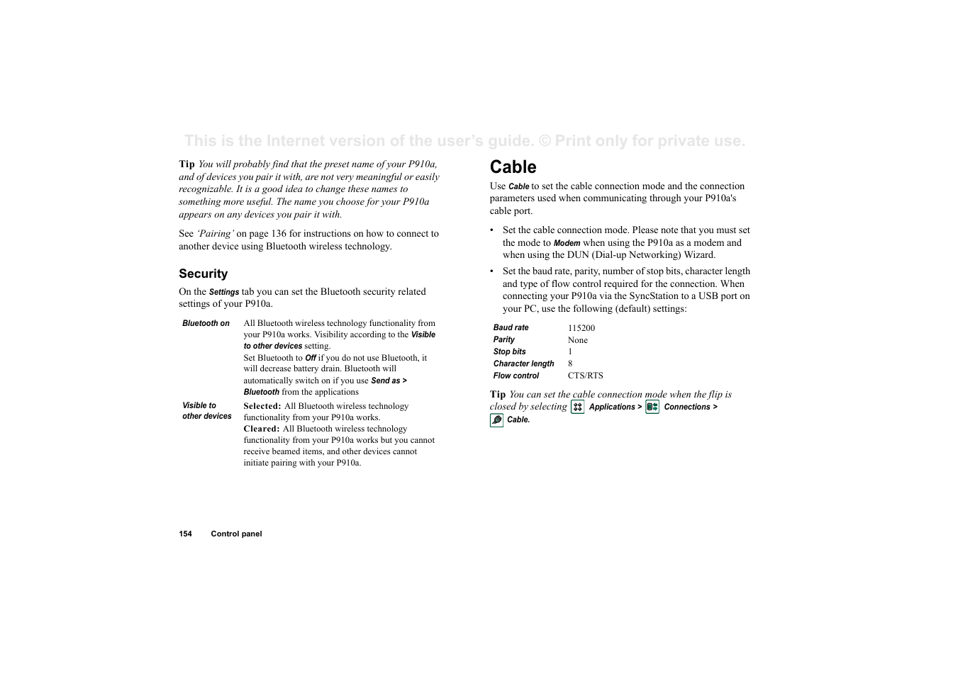 Security, Cable | Sony P910a User Manual | Page 154 / 205