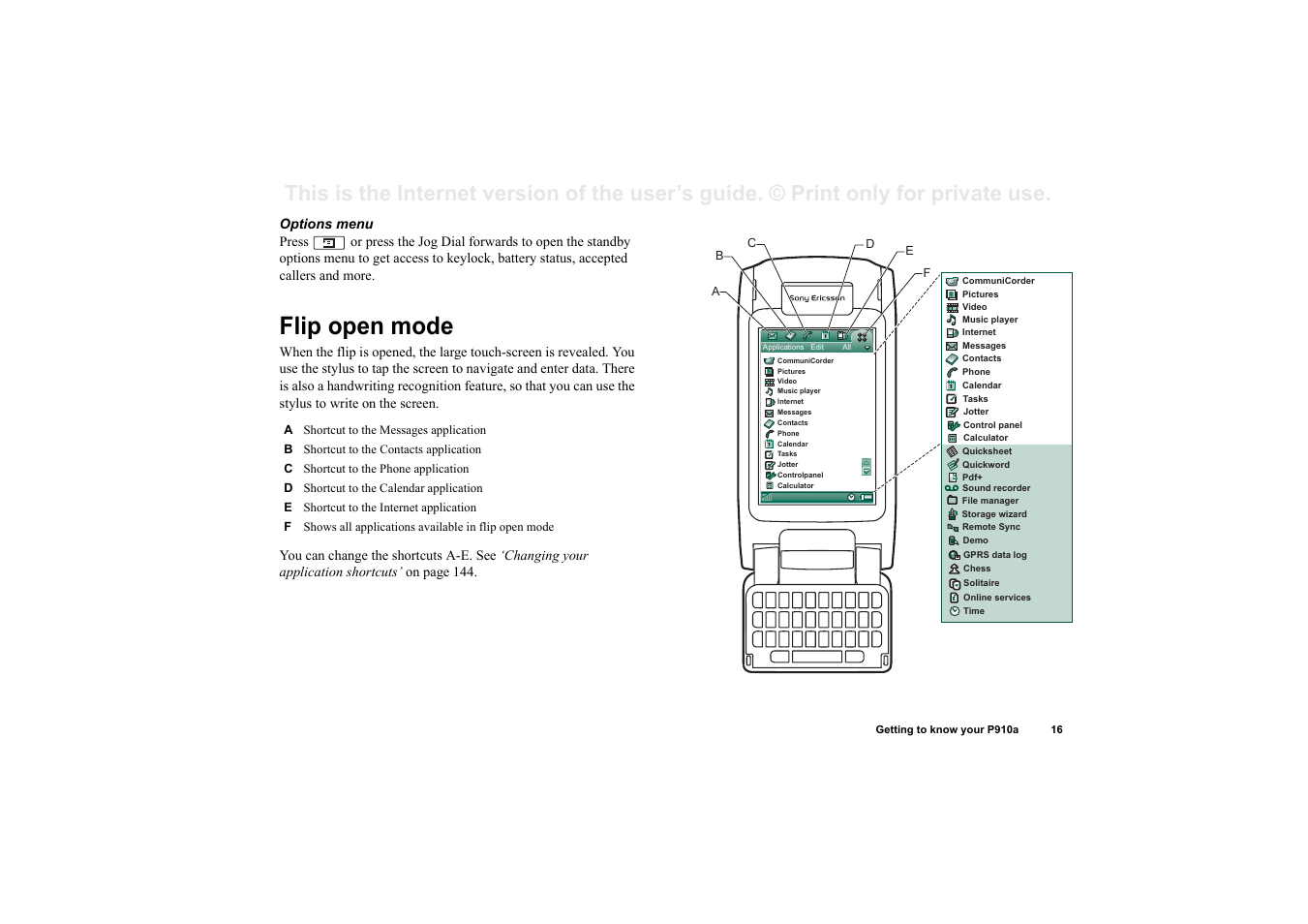 Flip open mode | Sony P910a User Manual | Page 16 / 205