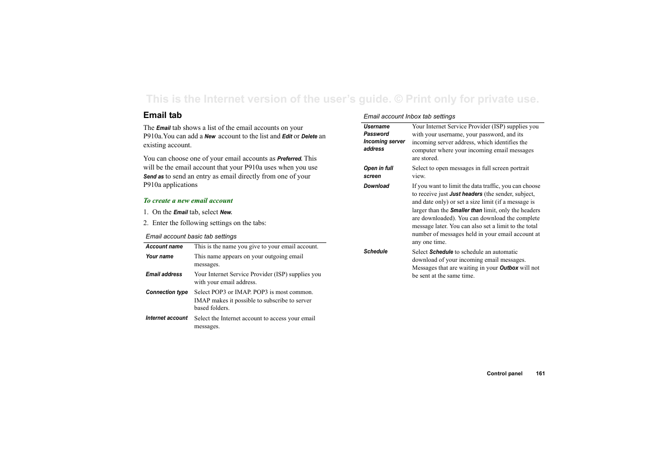 Email tab | Sony P910a User Manual | Page 161 / 205