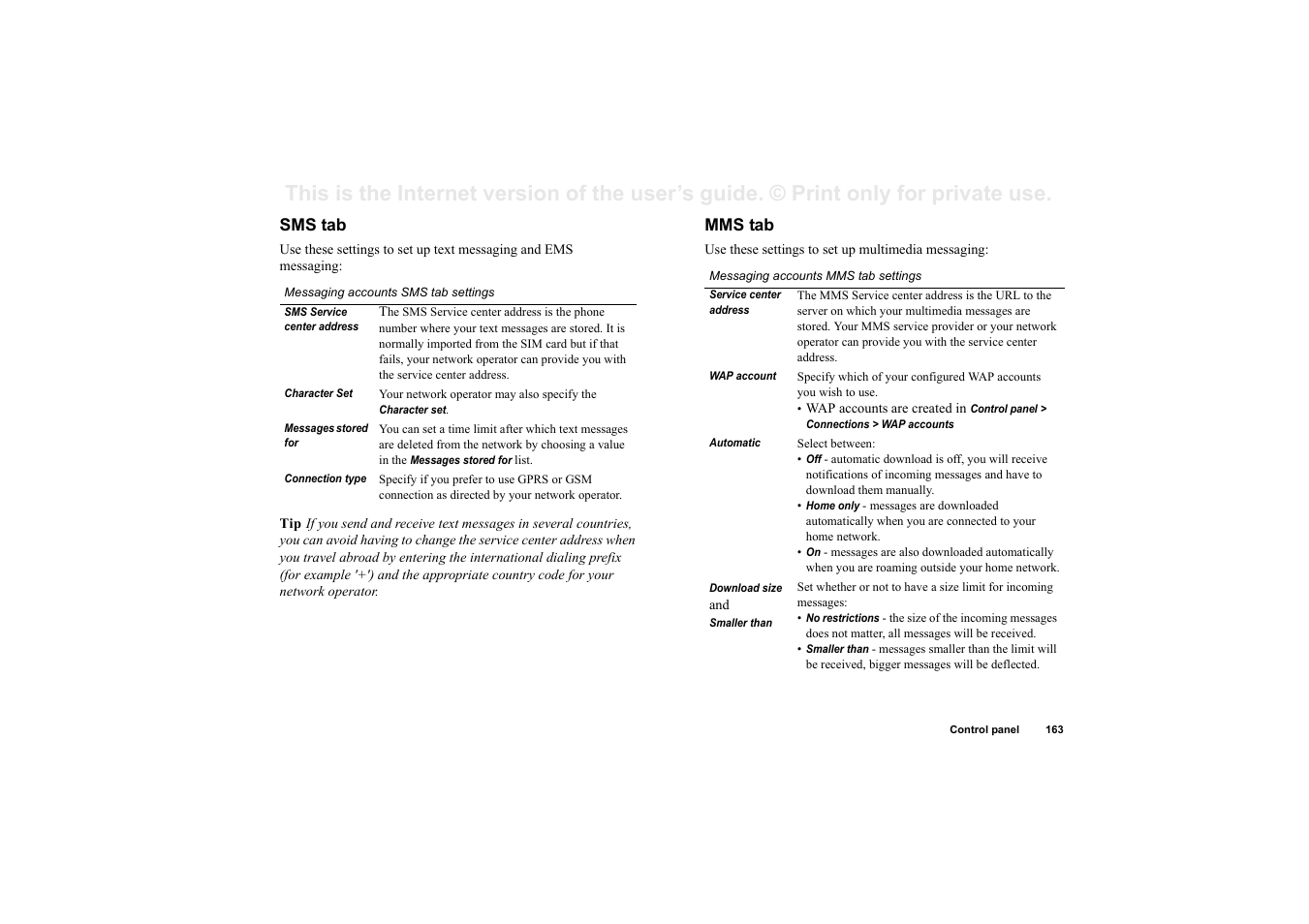 Sms tab, Mms tab | Sony P910a User Manual | Page 163 / 205