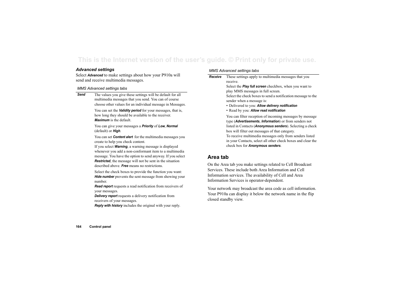 Area tab, You. see “mms advanced | Sony P910a User Manual | Page 164 / 205