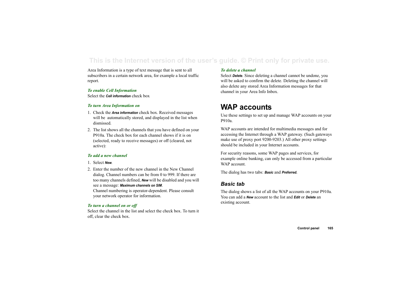 Wap accounts, Basic tab | Sony P910a User Manual | Page 165 / 205