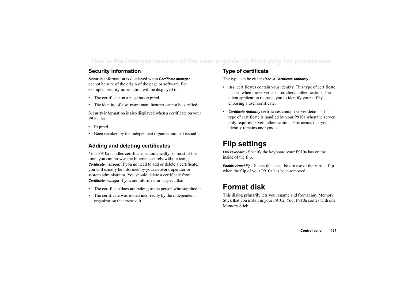 Security information, Adding and deleting certificates, Type of certificate | Flip settings, Format disk, Flip settings format disk | Sony P910a User Manual | Page 167 / 205