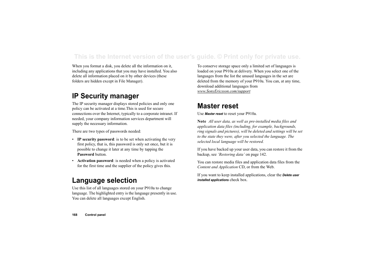 Ip security manager, Language selection, Master reset | Sony P910a User Manual | Page 168 / 205