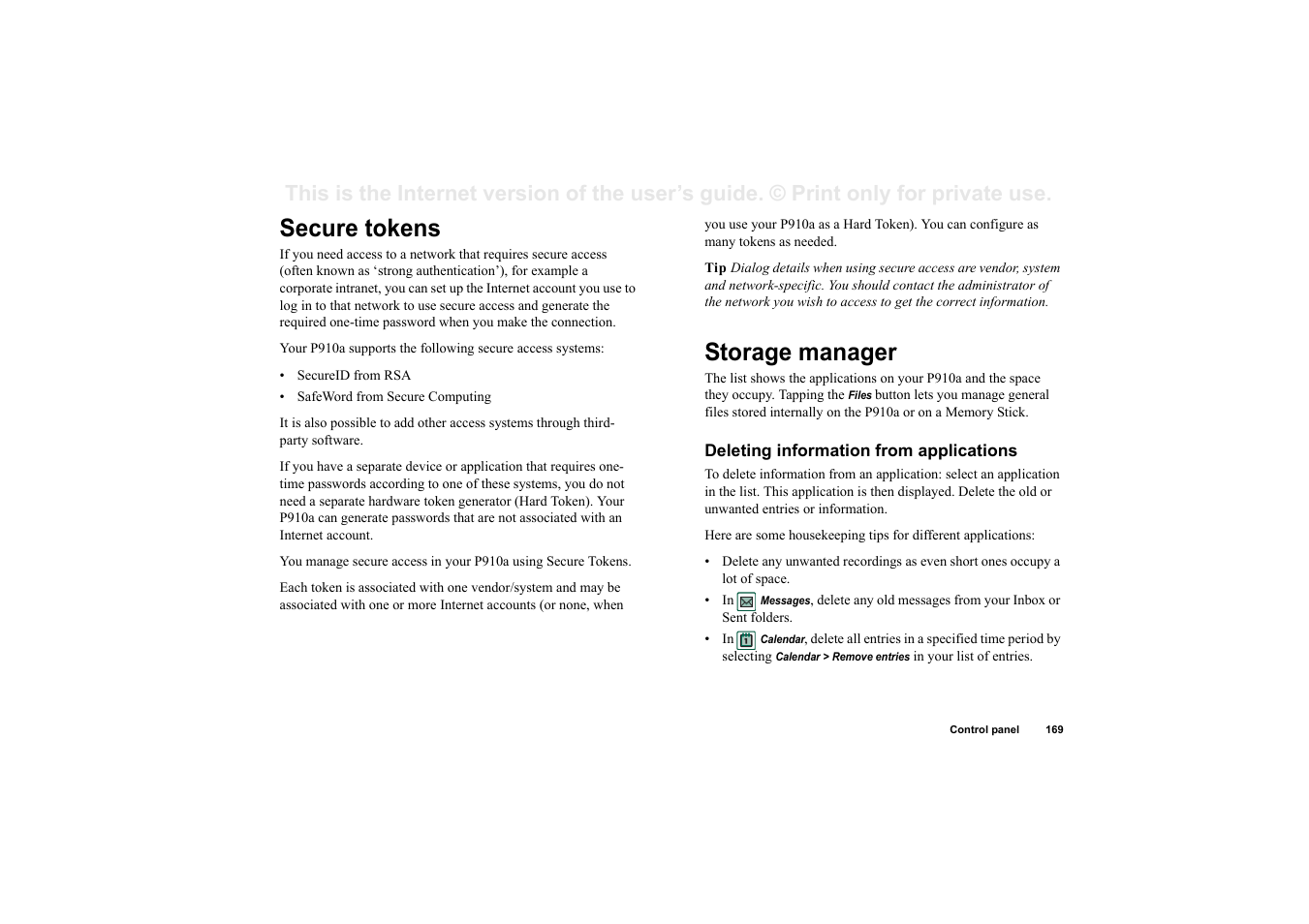 Secure tokens, Storage manager, Deleting information from applications | Secure tokens storage manager | Sony P910a User Manual | Page 169 / 205