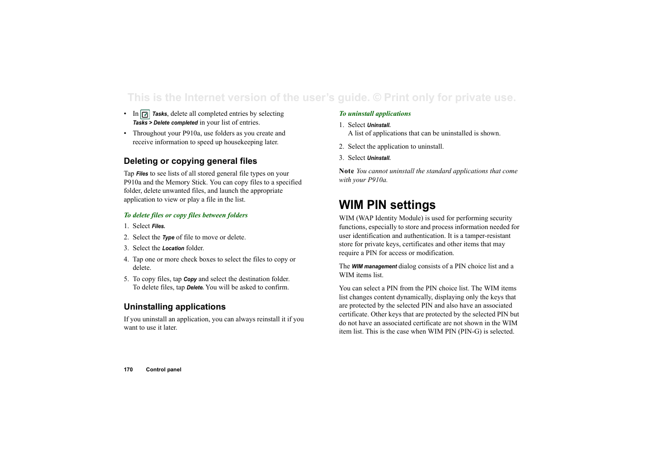 Deleting or copying general files, Uninstalling applications, Wim pin settings | Sony P910a User Manual | Page 170 / 205