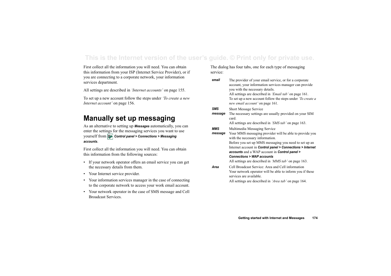 Manually set up messaging | Sony P910a User Manual | Page 174 / 205
