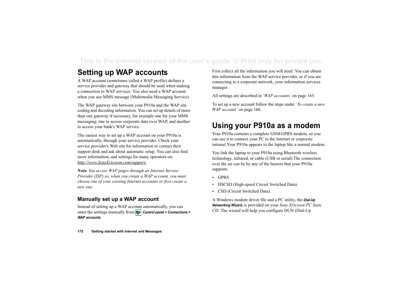 Setting up wap accounts, Manually set up a wap account, Using your p910a as a modem | Sony P910a User Manual | Page 175 / 205
