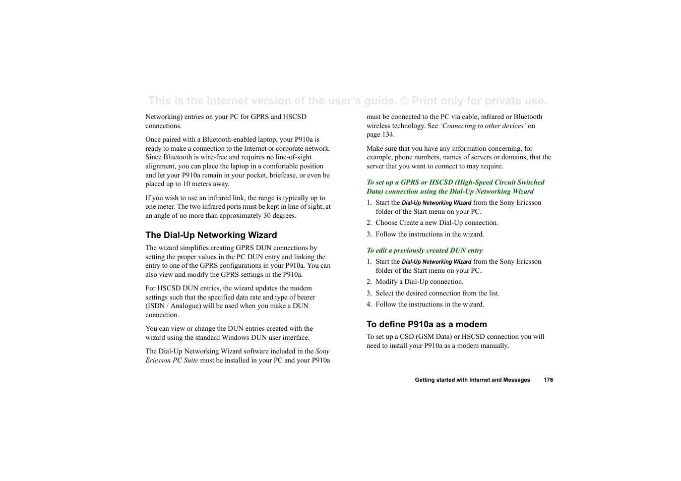 The dial-up networking wizard, To define p910a as a modem | Sony P910a User Manual | Page 176 / 205