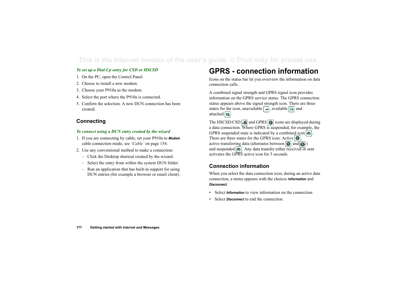 Connecting, Gprs - connection information, Connection information | Sony P910a User Manual | Page 177 / 205