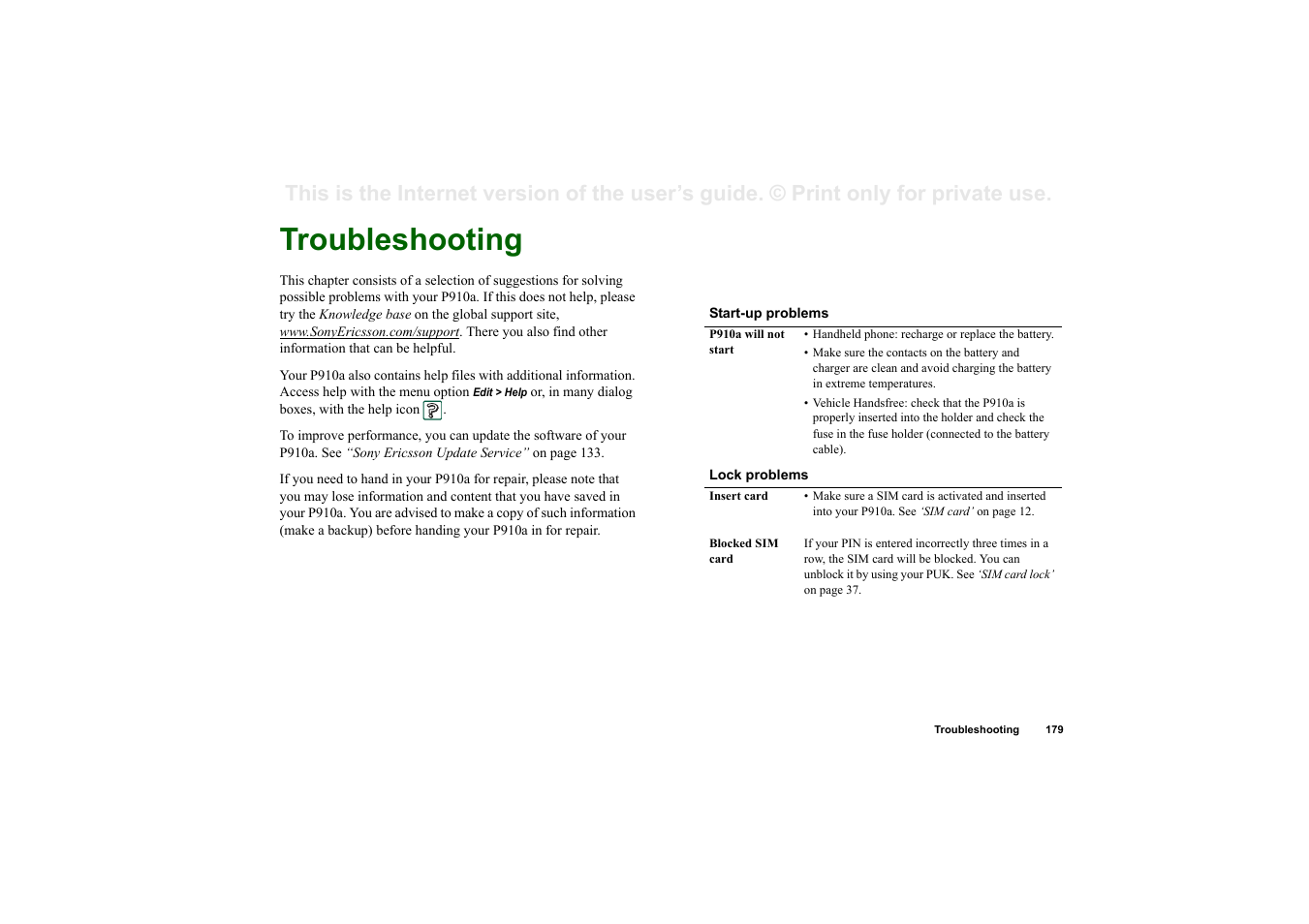 Reference, Troubleshooting, Eference | Sony P910a User Manual | Page 179 / 205