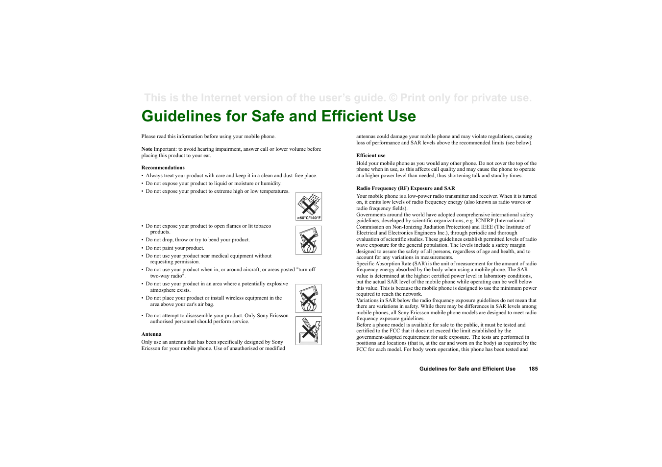 Guidelines for safe and efficient use | Sony P910a User Manual | Page 185 / 205