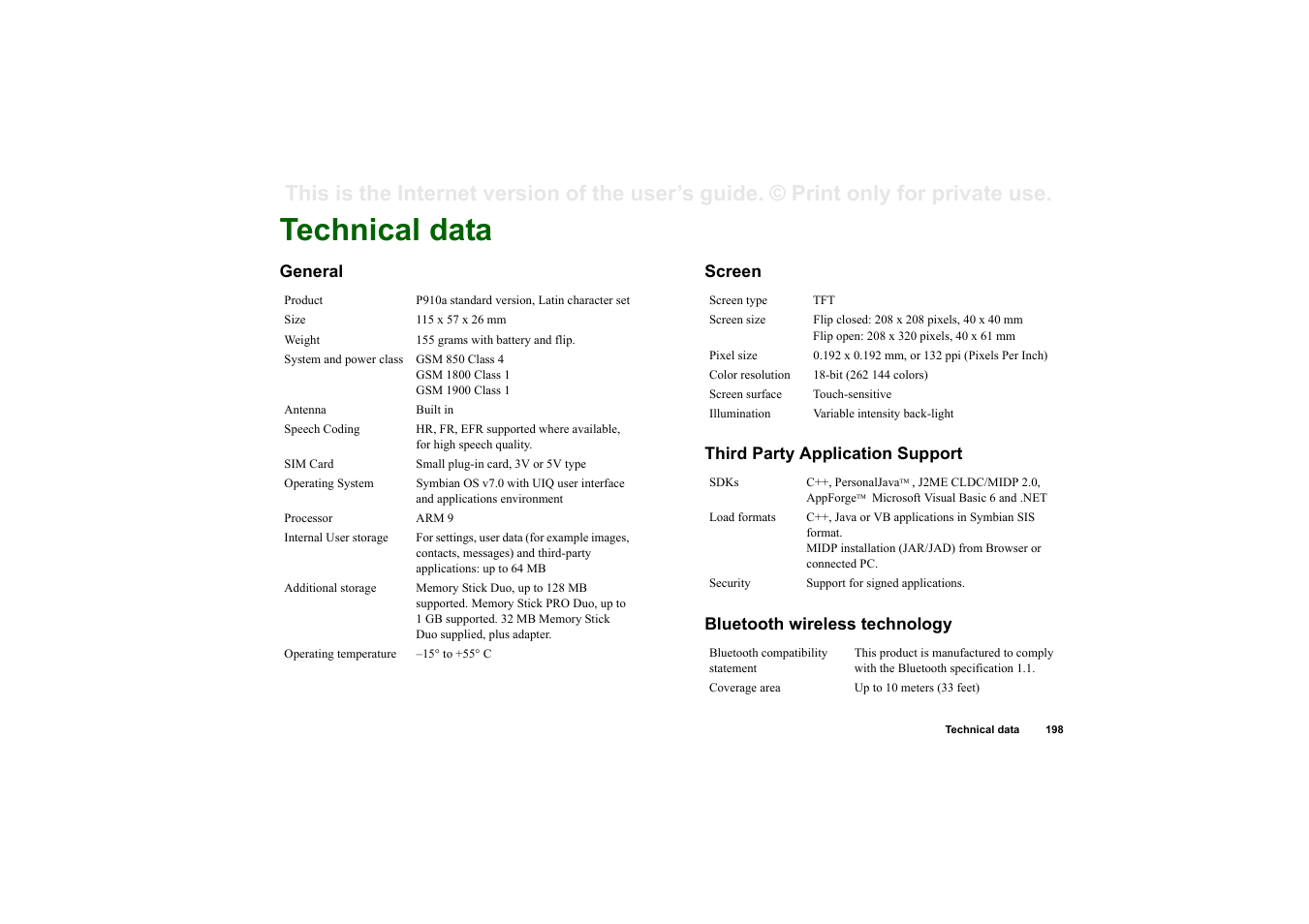 Technical data, General, Screen | Third party application support, Bluetooth wireless technology | Sony P910a User Manual | Page 198 / 205