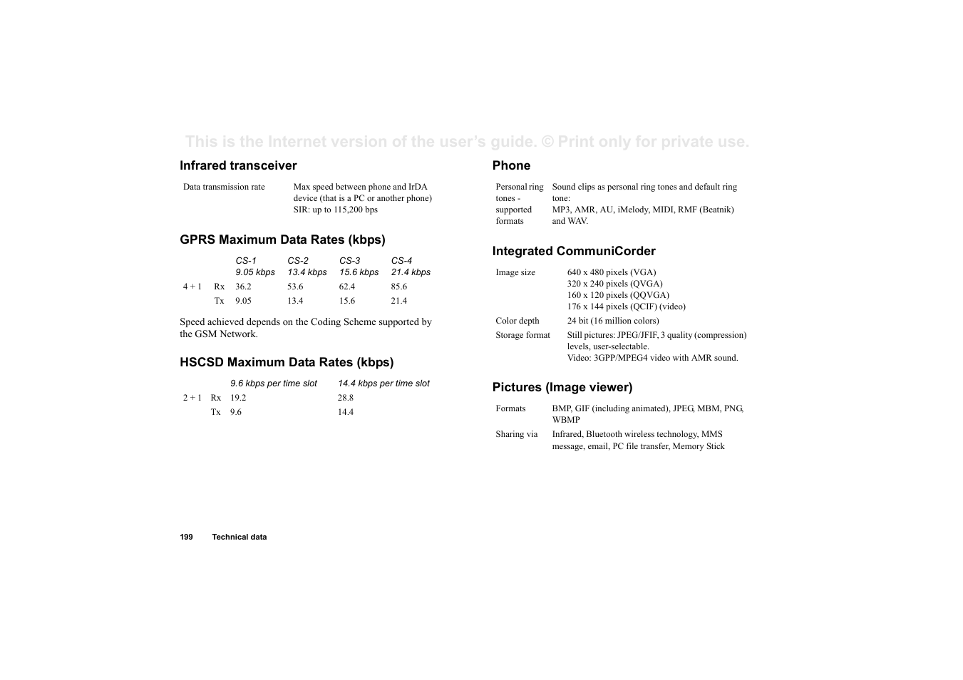 Infrared transceiver, Gprs maximum data rates (kbps), Hscsd maximum data rates (kbps) | Phone, Integrated communicorder, Pictures (image viewer) | Sony P910a User Manual | Page 199 / 205