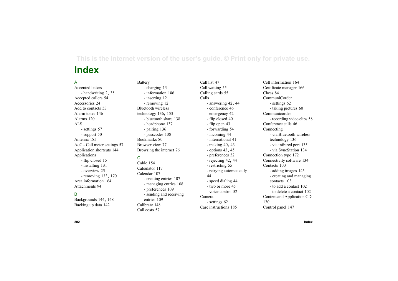 Index | Sony P910a User Manual | Page 202 / 205