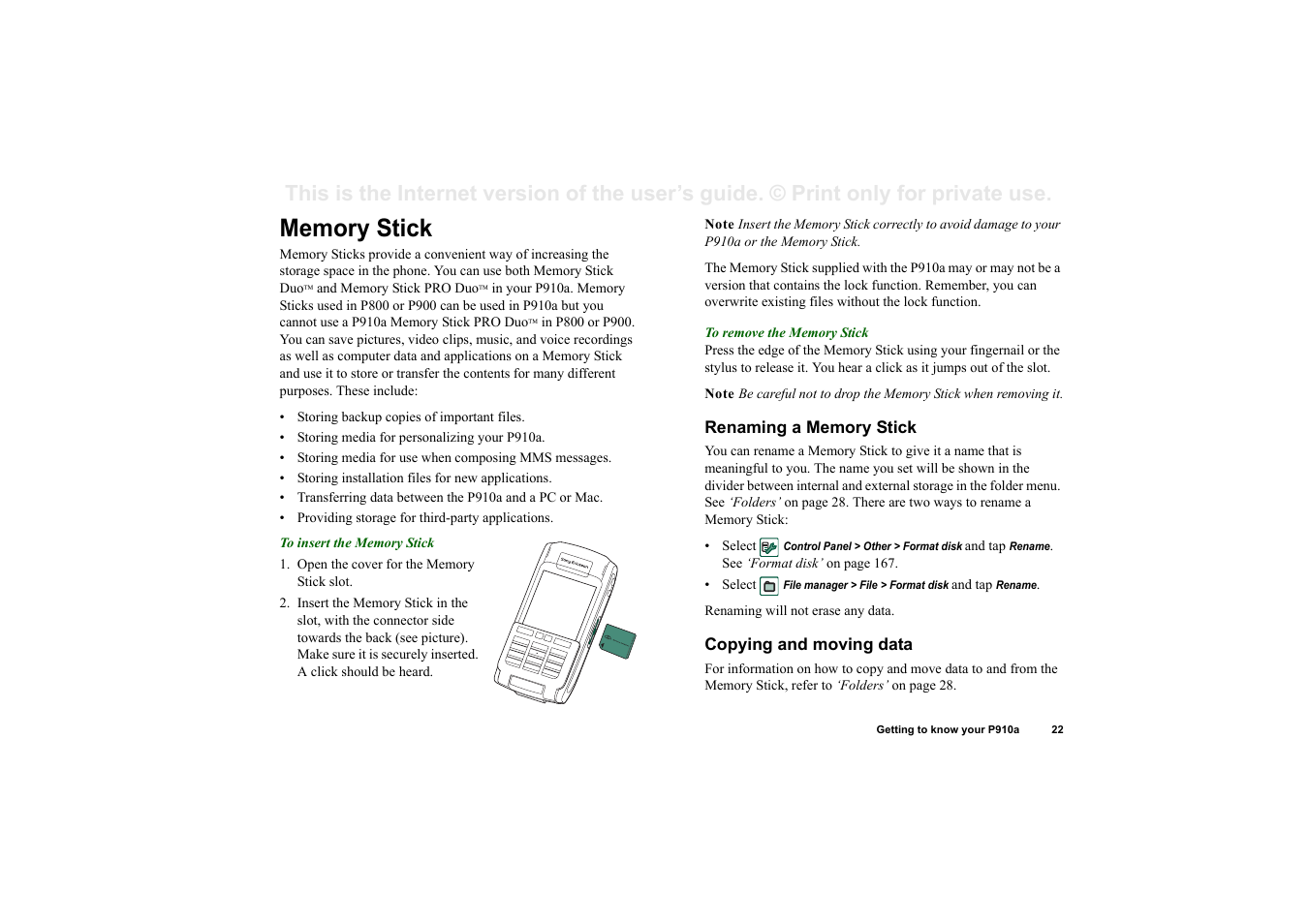 Memory stick, Renaming a memory stick, Copying and moving data | Sony P910a User Manual | Page 22 / 205
