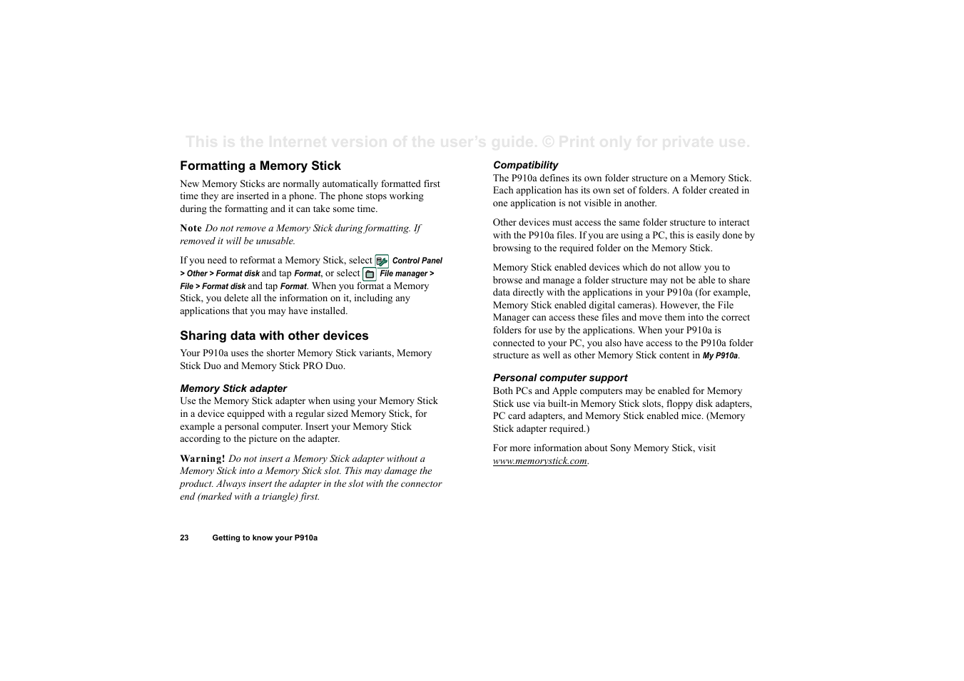 Formatting a memory stick, Sharing data with other devices | Sony P910a User Manual | Page 23 / 205