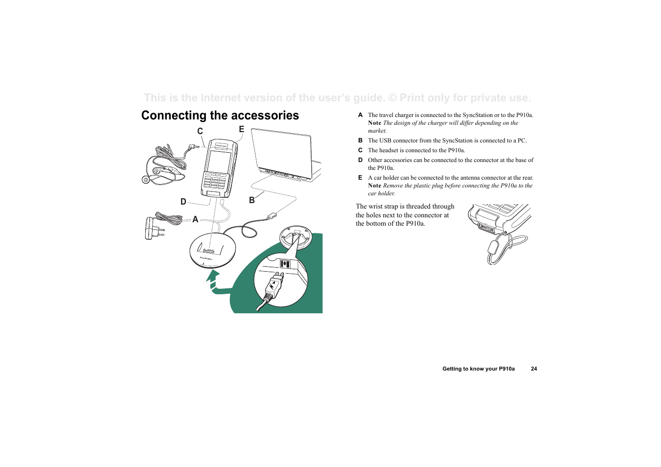 Connecting the accessories | Sony P910a User Manual | Page 24 / 205