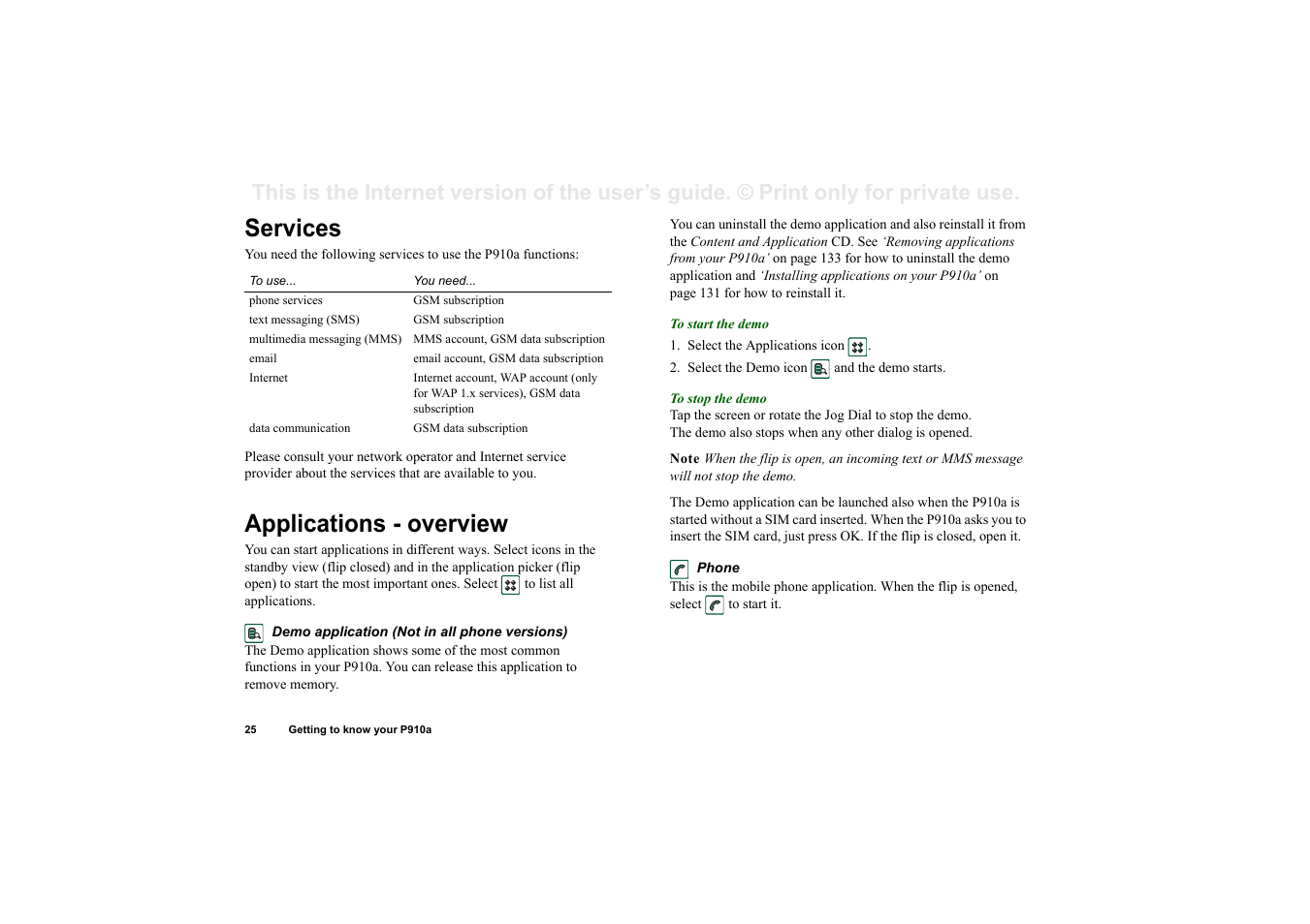 Services, Applications - overview, Services applications - overview | Sony P910a User Manual | Page 25 / 205