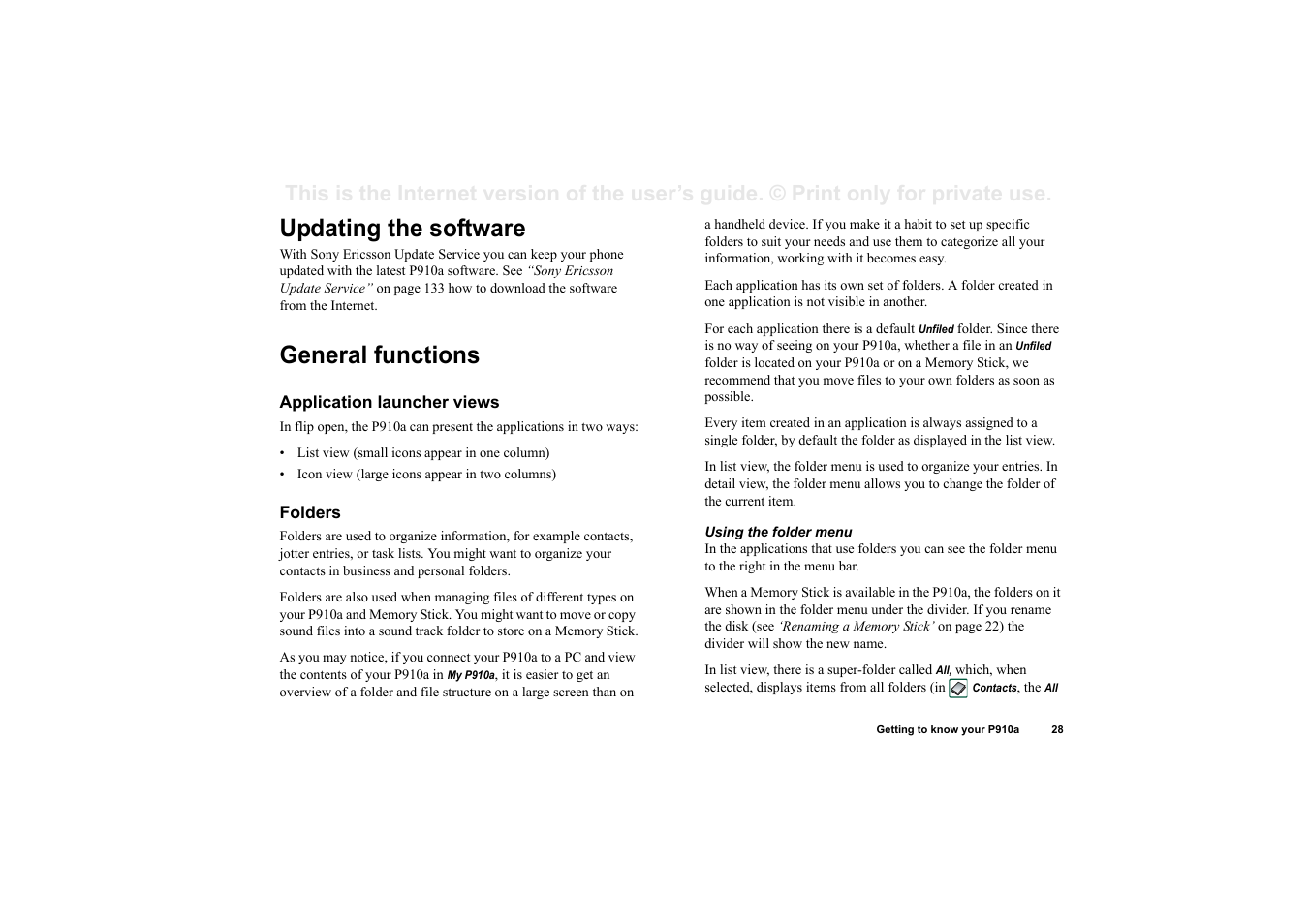 Updating the software, General functions, Application launcher views | Folders, Updating the software general functions | Sony P910a User Manual | Page 28 / 205