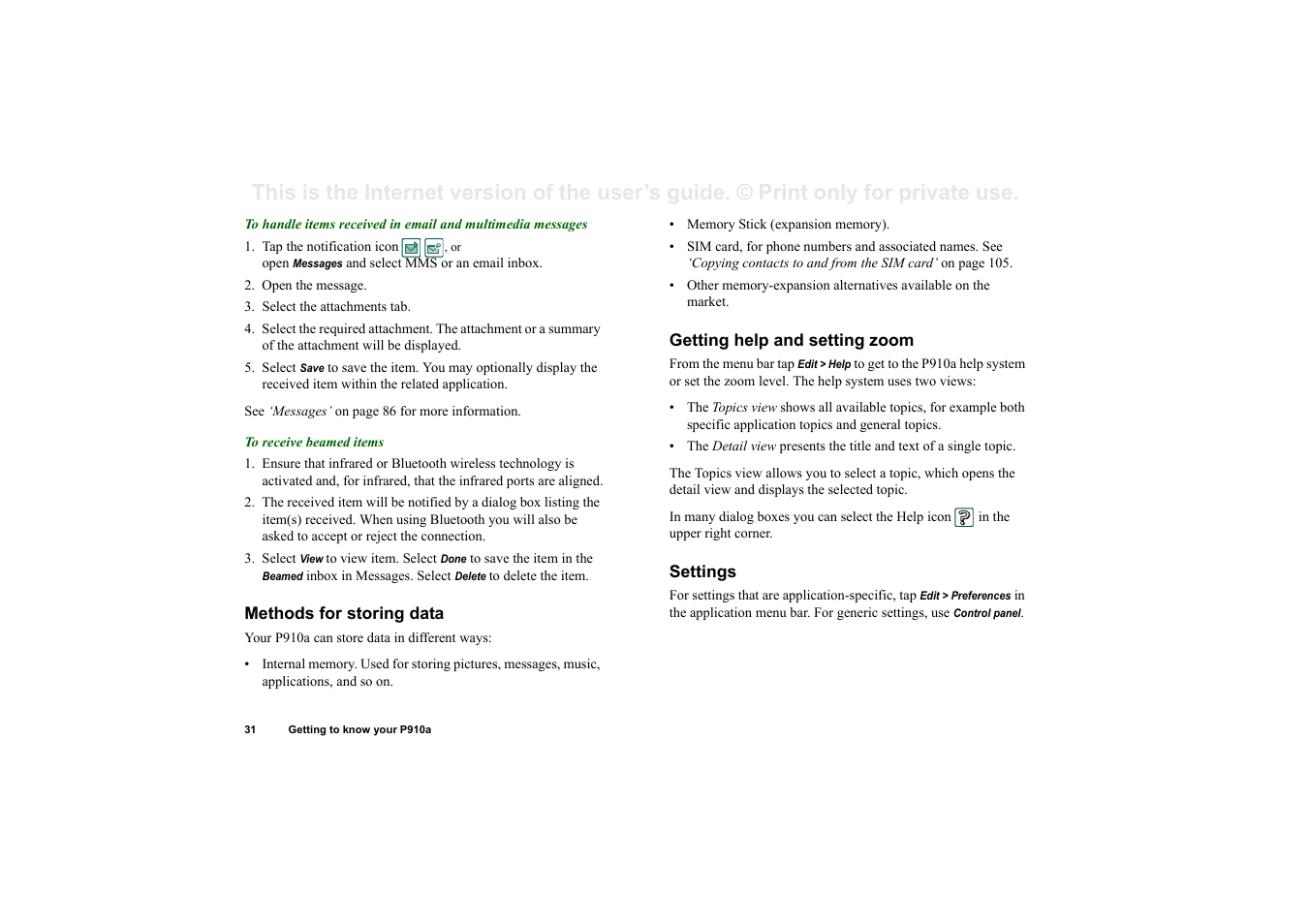 Methods for storing data, Getting help and setting zoom, Settings | Sony P910a User Manual | Page 31 / 205