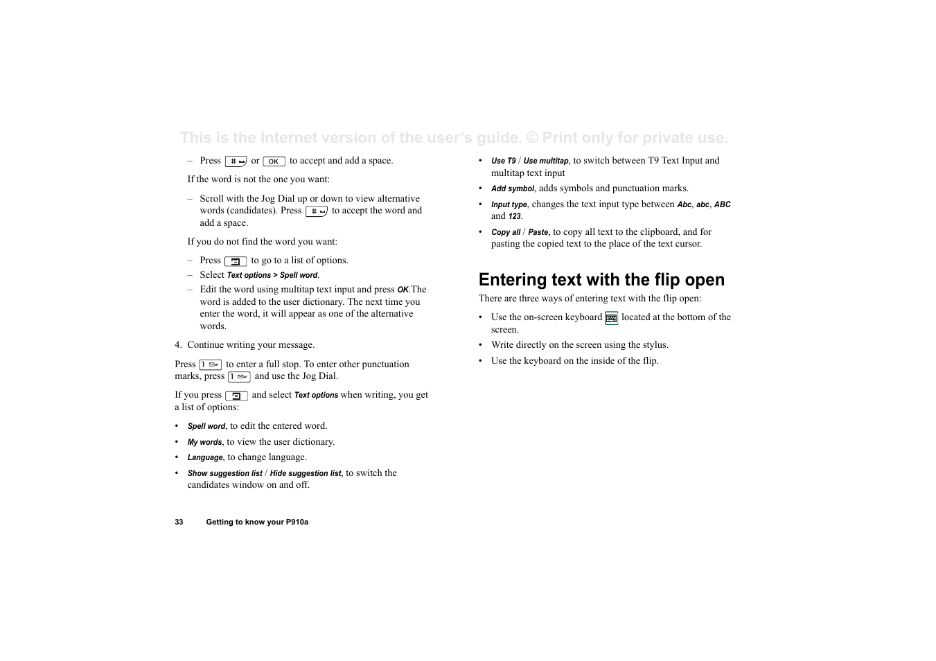 Entering text with the flip open | Sony P910a User Manual | Page 33 / 205