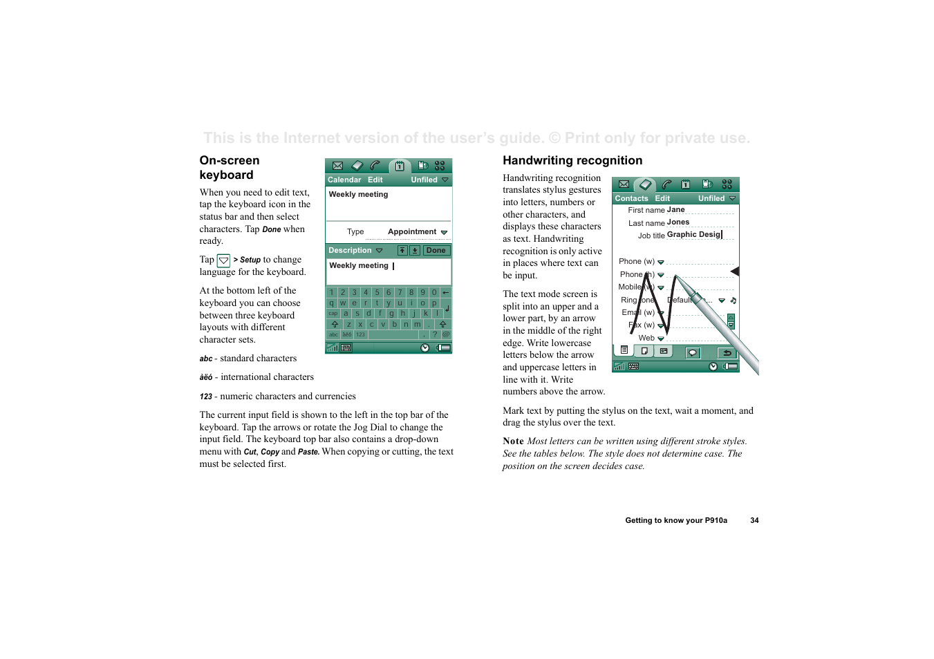 On-screen keyboard, Handwriting recognition | Sony P910a User Manual | Page 34 / 205