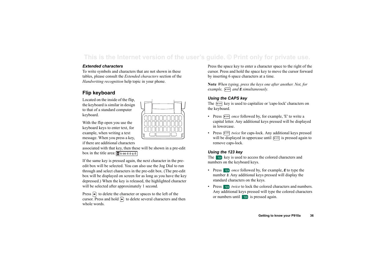 Flip keyboard | Sony P910a User Manual | Page 36 / 205