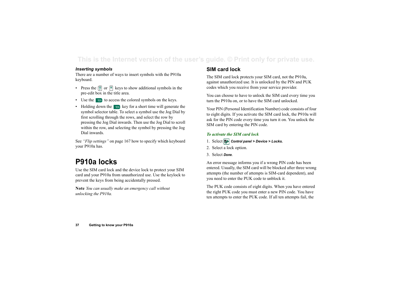 P910a locks, Sim card lock | Sony P910a User Manual | Page 37 / 205