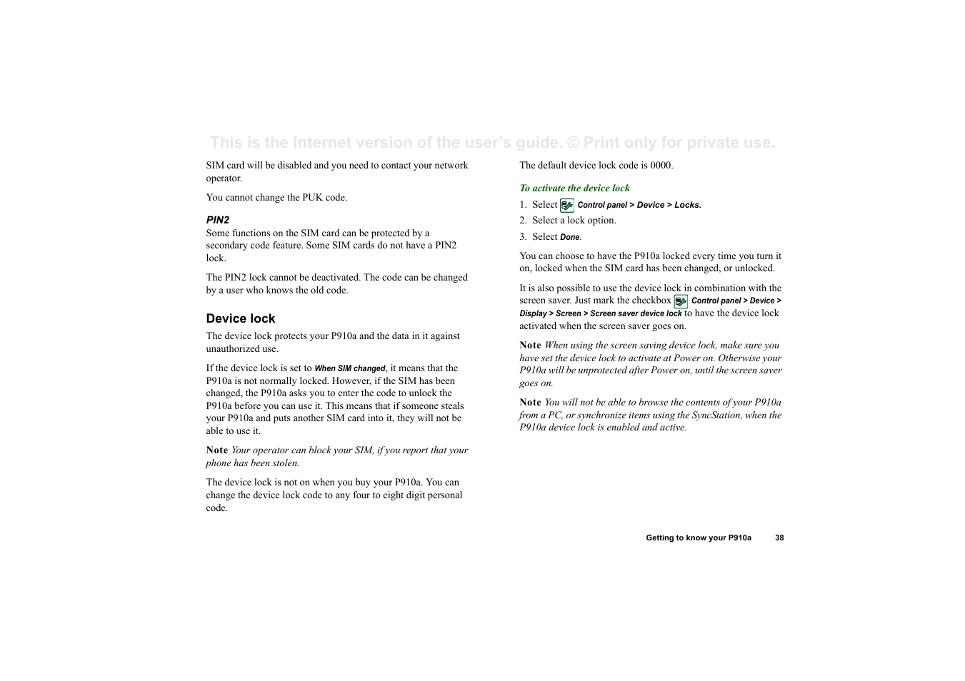 Device lock | Sony P910a User Manual | Page 38 / 205