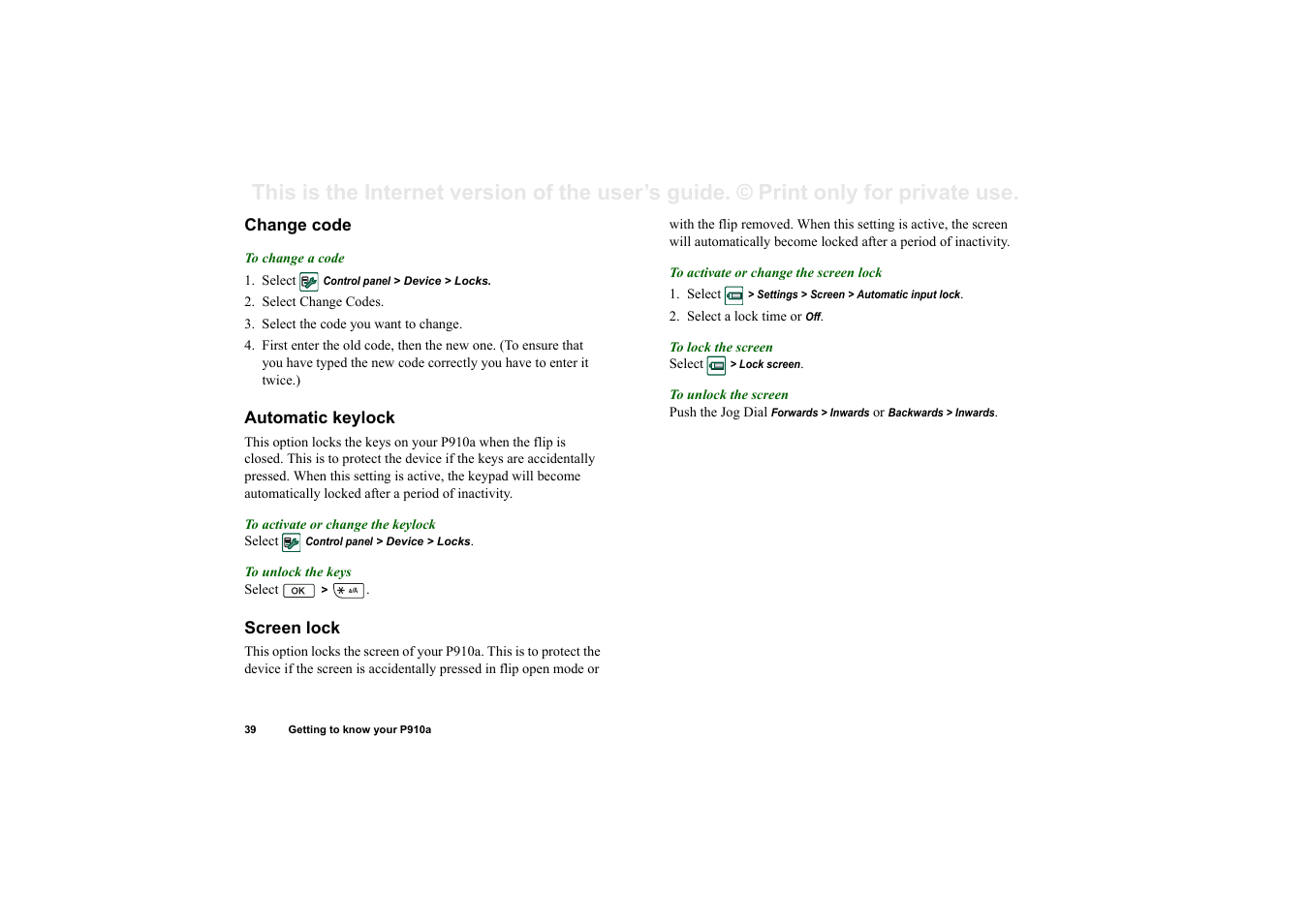 Change code, Automatic keylock, Screen lock | Sony P910a User Manual | Page 39 / 205