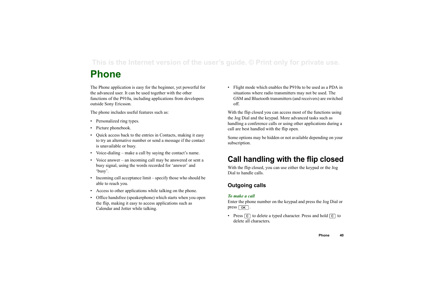 Phone, Call handling with the flip closed, Outgoing calls | Sony P910a User Manual | Page 40 / 205