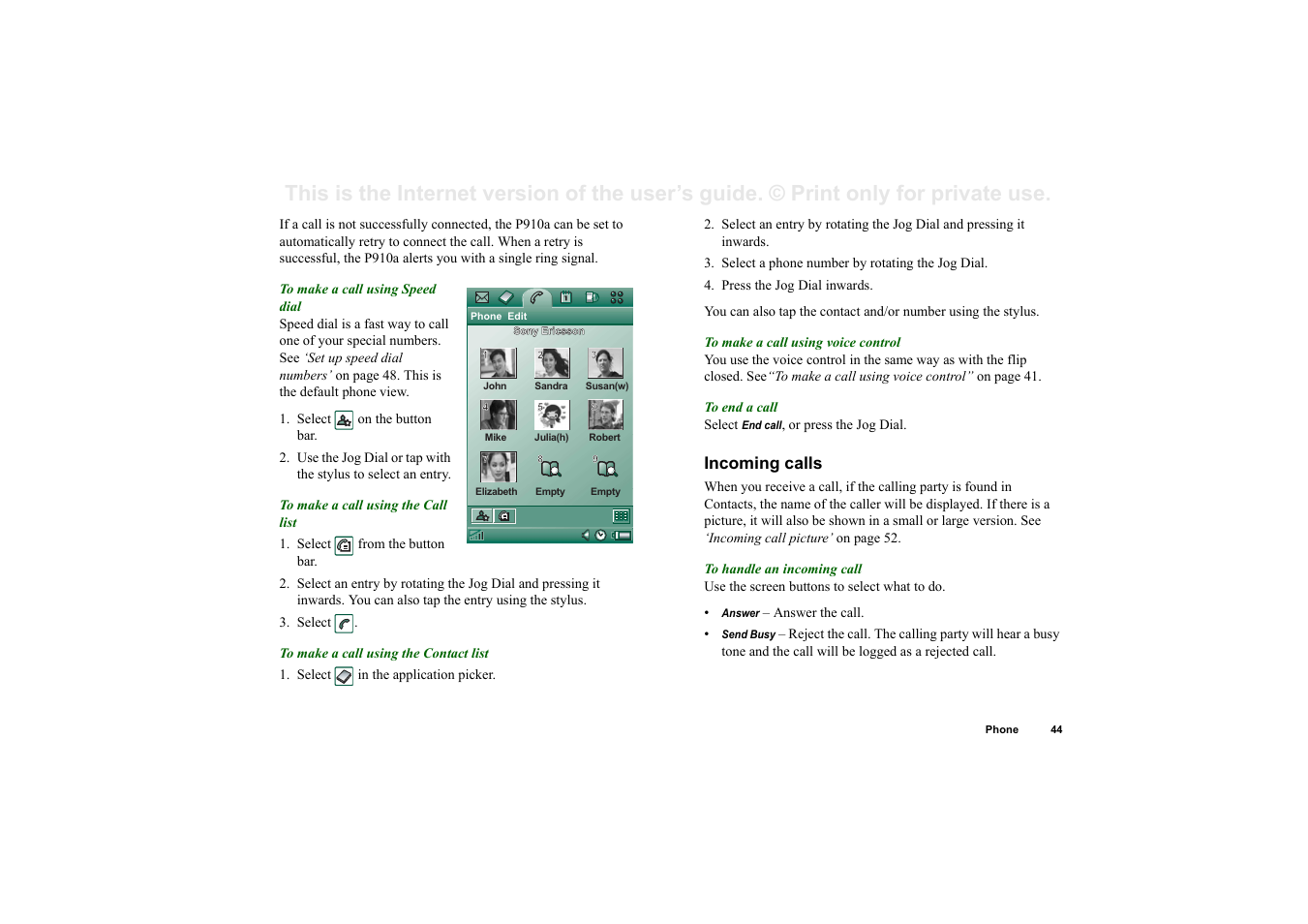 Incoming calls | Sony P910a User Manual | Page 44 / 205