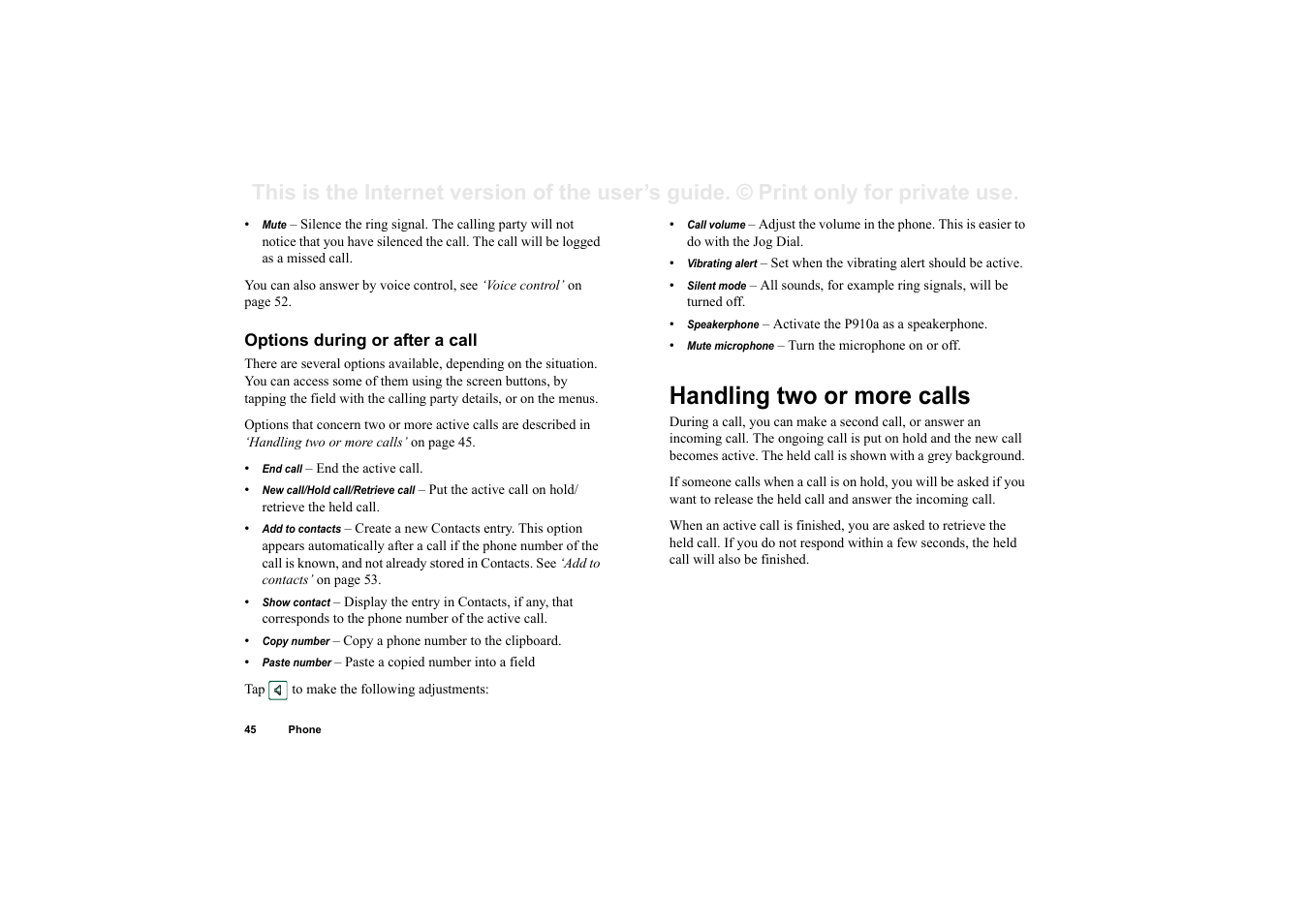 Options during or after a call, Handling two or more calls | Sony P910a User Manual | Page 45 / 205